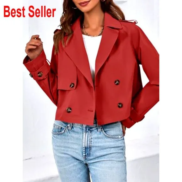 Cropped Trench Coat Double Breasted Lapel Jacket Vintage Casual Lightweight